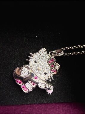 RARE Hello Kitty Diamonique 925  CZ Pendant Necklace with Pink CZ hard to find